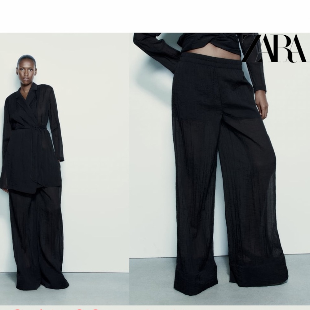 Zara Black Semi-sheer Minimalist Wide Leg Palazzo Pants Elastic waist XS NWT - Picture 3 of 15